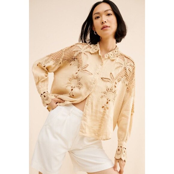 Farm Rio Linen Palms Richelieu Blouse Womens L Boho Chic Feminine Embroidered - Picture 1 of 8